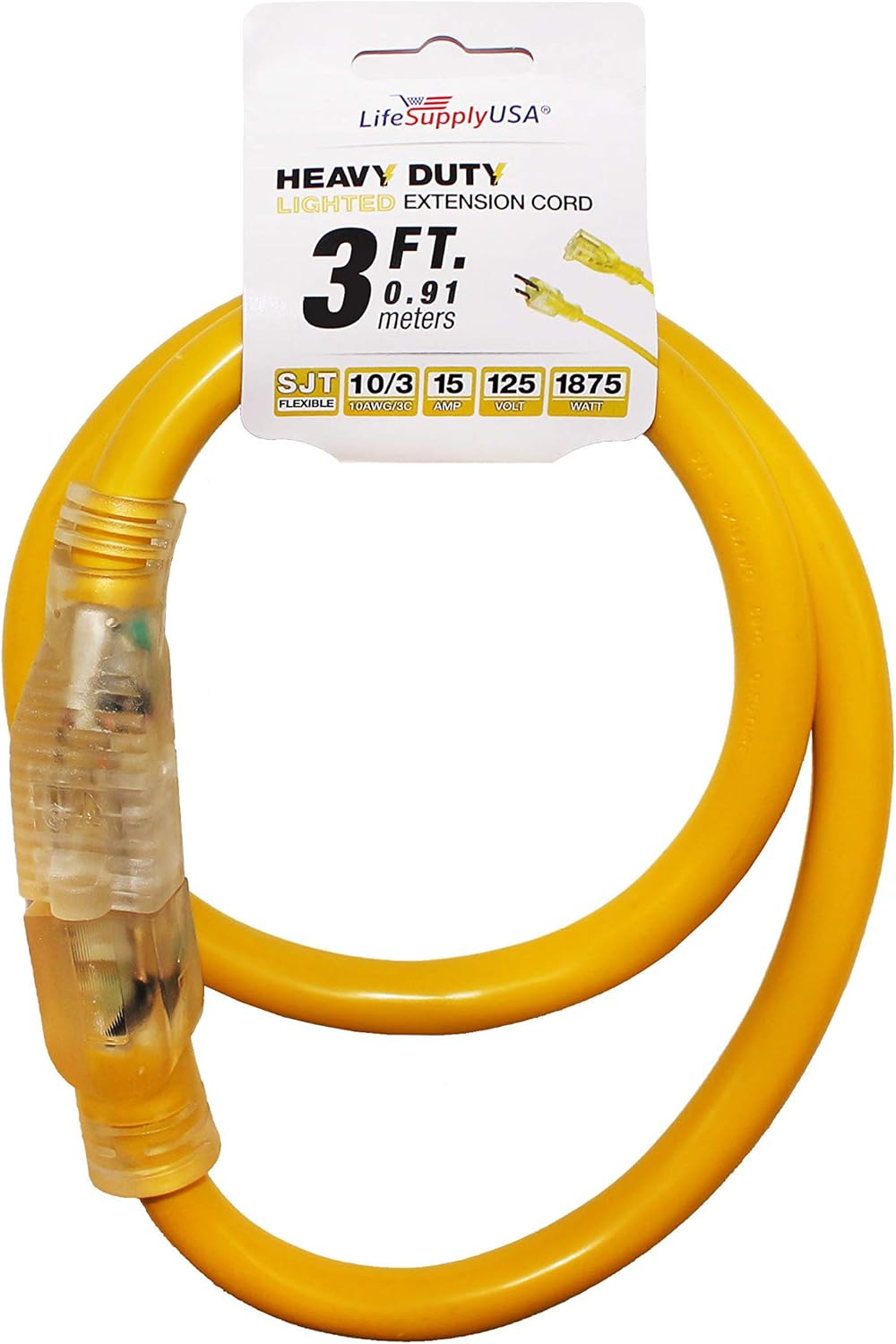 LifeSupplyUSA 10/3 SJTW 3ft Lighted End 15 AMP 300V Indoor/Outdoor Extension Cord (3 Feet)