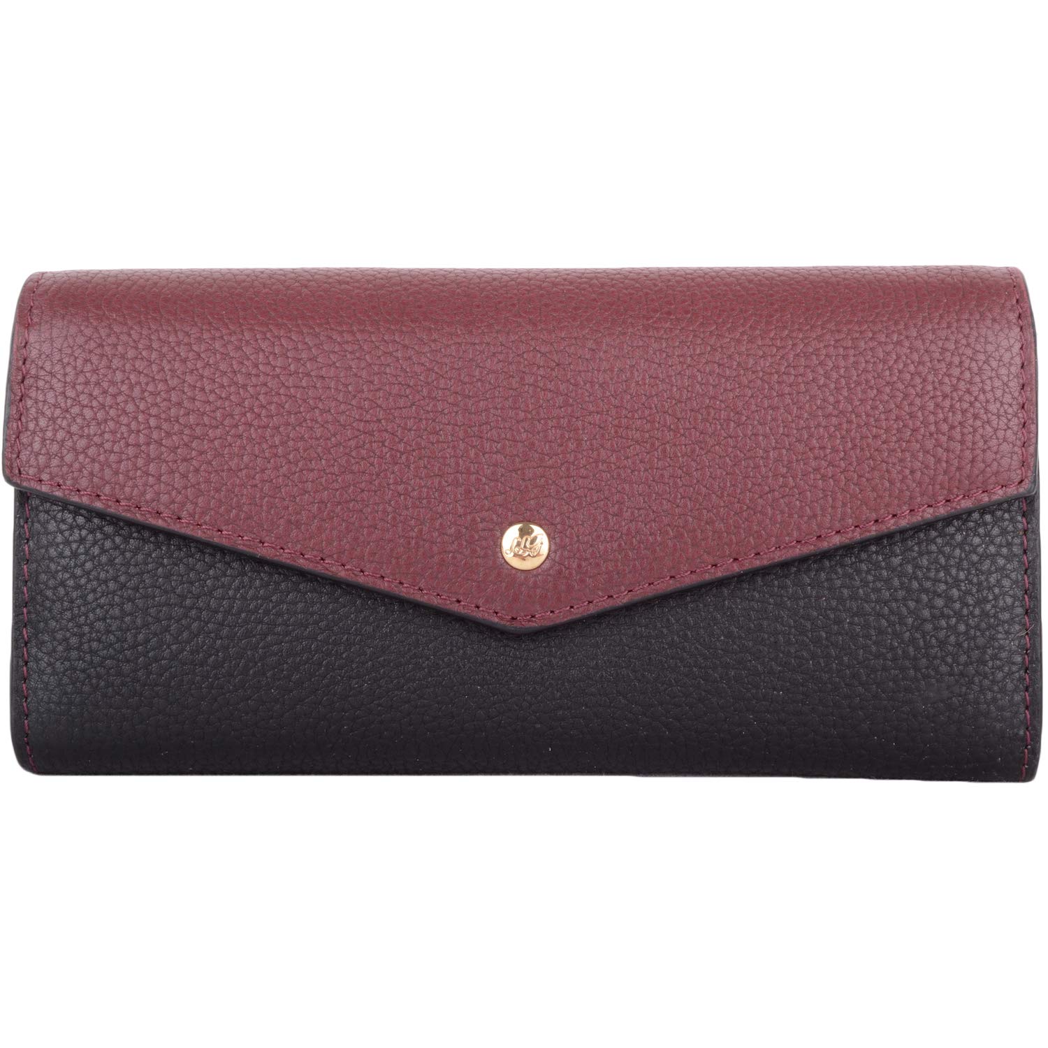 Womens Leather RFID Envelope Style Flap Over Money Credit Card Purse with Pebble Effect - Black/Burgundy