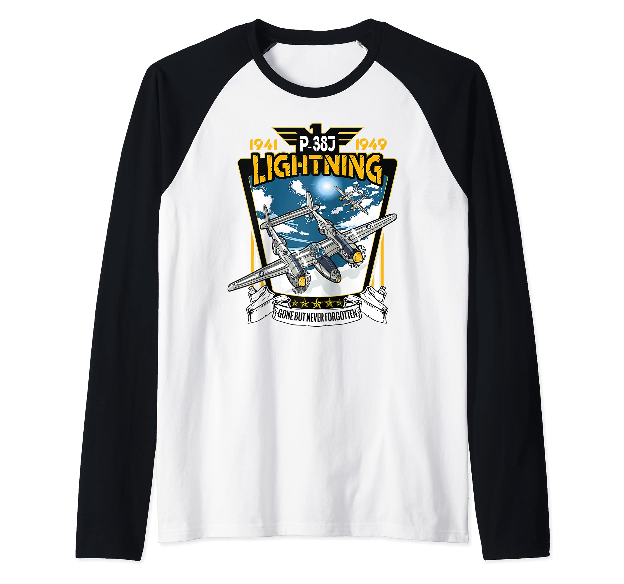 World War 2 American P-38 Lightning Fighter Airplane Raglan Baseball Tee