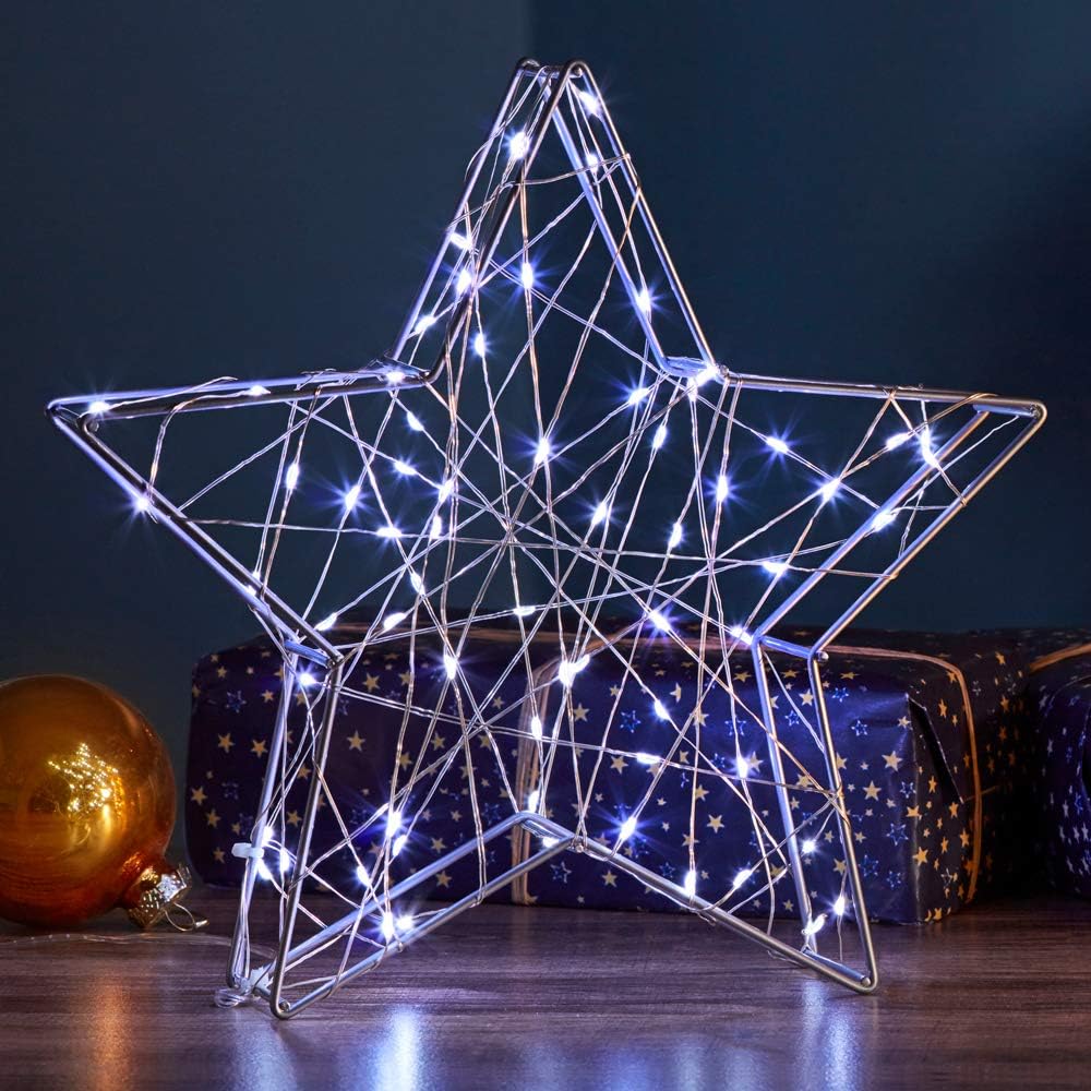 Zennox 70 LED 3D Star Light, Cordless Indoor Festive Decoration, Dimensions L25 x W5 x H25cm (Silver)