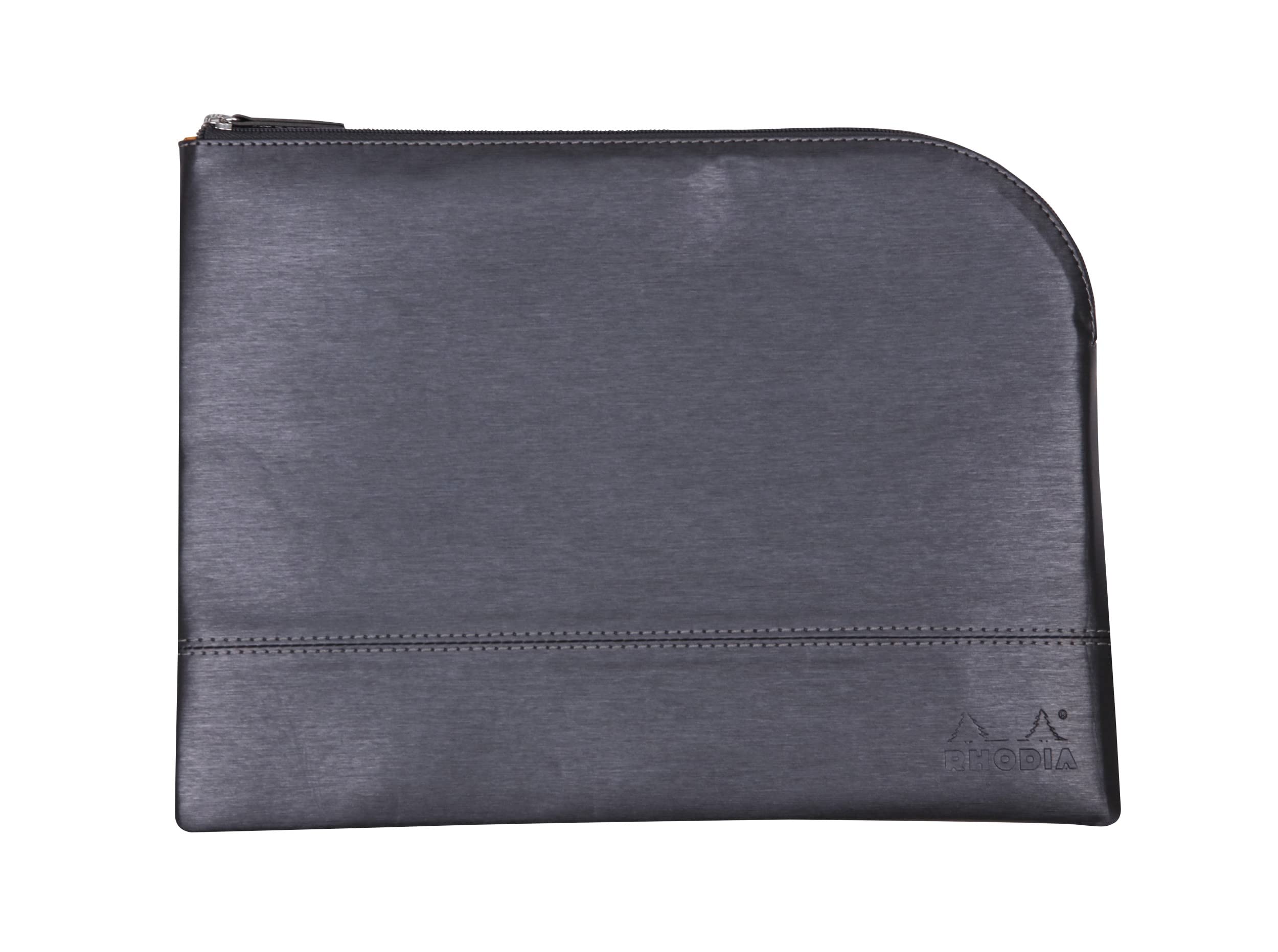 RHODIA 116720C - Faux Leather Zipped Pouch - Titanium - Size L (21 x 28 cm) - Genuine Stitching - Orange Fabric Inside - Storage for Documents, Small Supplies