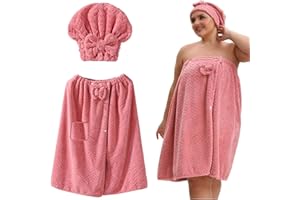 CAVULO Lunerva Wraps, Plus-Size Adjustable Bath Skirt & Quick-Dry Cap Set, Soft Coral Fleece, Secure Non-Slip Closure, Fast Drying