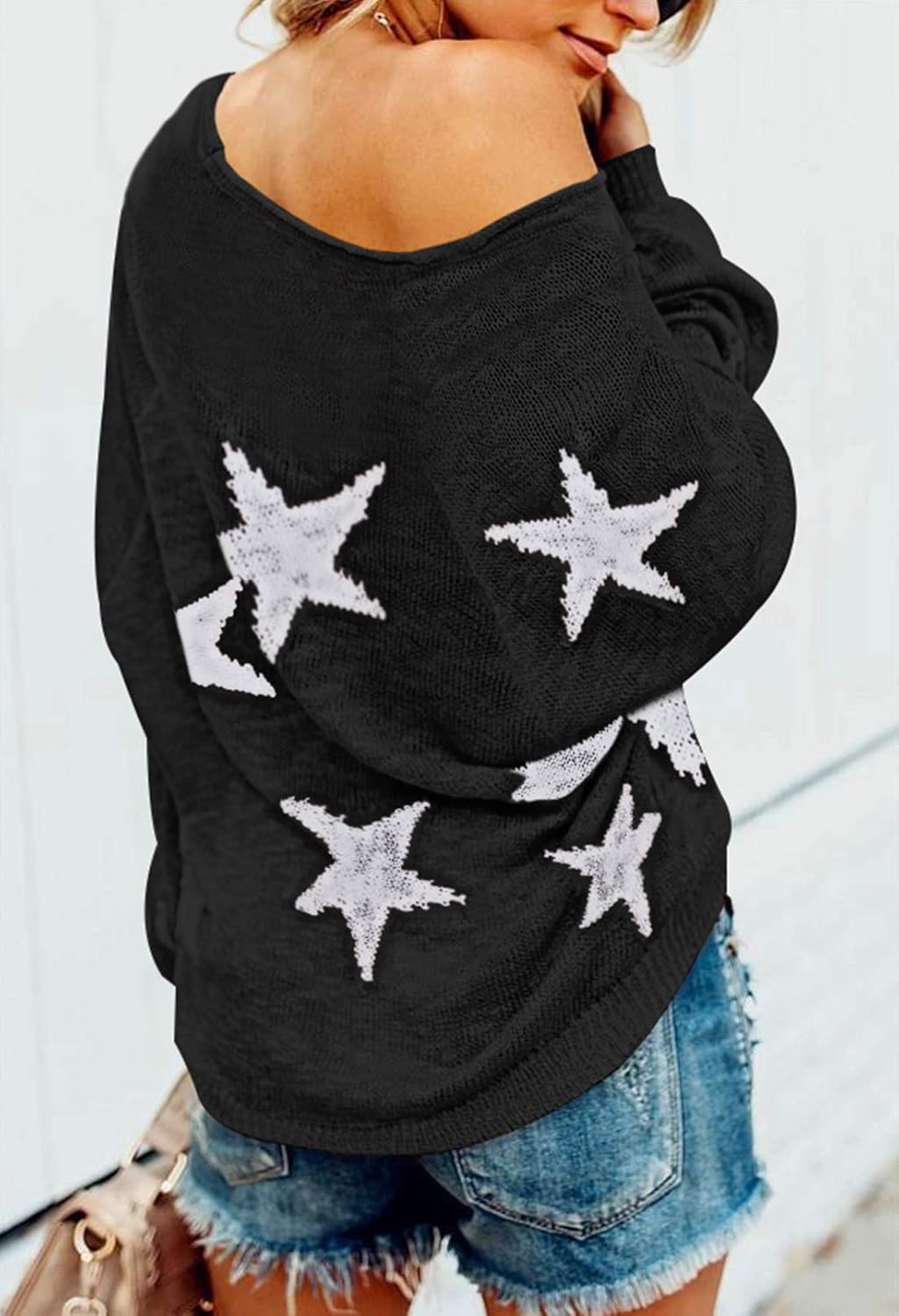 COCOLEGGINGS Women's Scoop Neck Long Sleeve Star Pullover Sweater Tunic Tops at  Women’s Clothing store