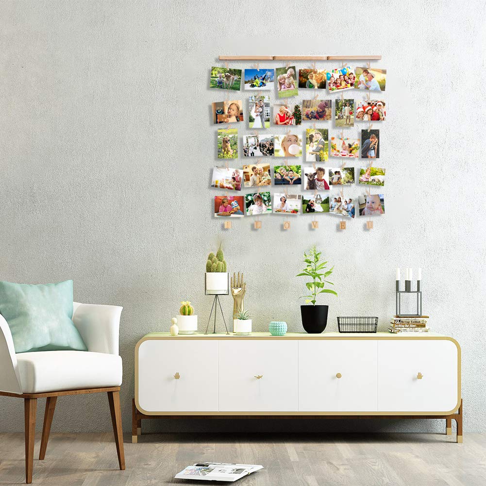 Uping Hanging Photo Display Wood Wall Photo Display Board with Rope and 30 Small Memo Clips | 66 cm x 74 cm | Design Photo Frame