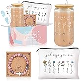 Christian Religious Gifts for Women, Birthday Gifts, Graduation Gifts for Her, Inspirational Bible Jar, Spiritual Religious Catholic Baptism Gifts, Gift Basket with 16 Oz Glass Cup, Makeup Bag