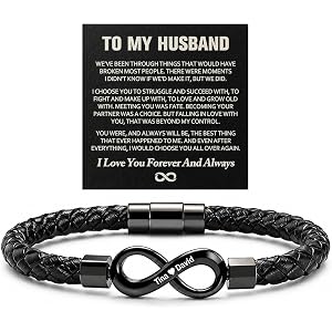 To My Husband Infinity Bracelet, Personalized Custom Dual Name Infinity Leather Bracelet for Men, Stainless Steel Customized