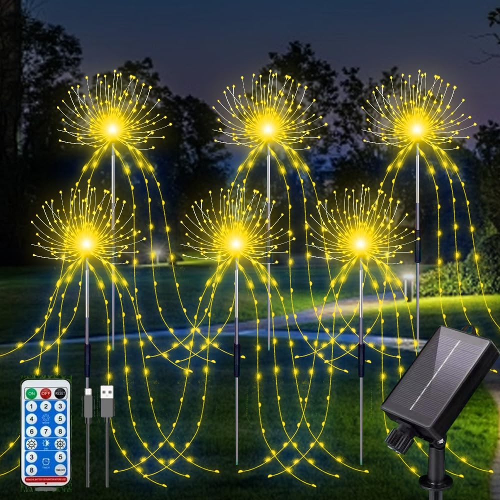 YZYOE 6 Pack 720 LED Outdoor Solar Ground Inserted Warm Light Fireworks Lights with Remote Control, Waterproof Solar&USB Powered Courtyard Atmosphere Decorative Lights,8 Modes DIY Path Light.