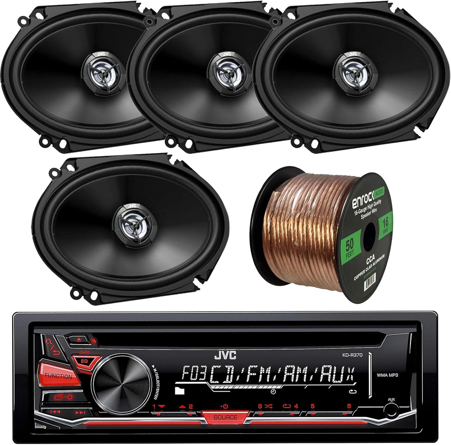 JVC KD-R370 CD/MP3 AM/FM Radio Player Car Receiver Bundle Combo With 4x (2 Pairs) CS-DR6820 300-Watt 6x8" Inch Vehicle Coaxial Speakers + Enrock 50 Feet 16-Gauge Wire