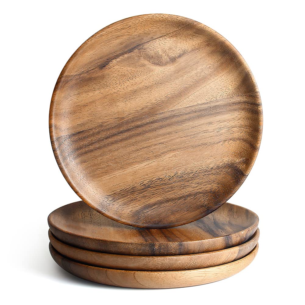 AOOSY Acacia Wood Serving Plates Dinner Plates 8inch Round Wood Plates Set of 4, Easy Cleaning & Lightweight for Dishes Snack, Dessert