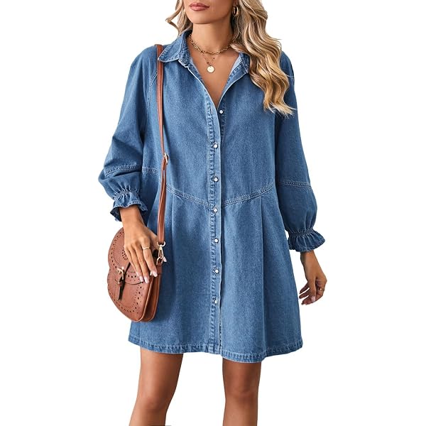 Vintage Denim Shirt Dress for Women Long Sleeve Button Font Loose Jean Dress,Dark  Blue,S at Amazon Women's Clothing store