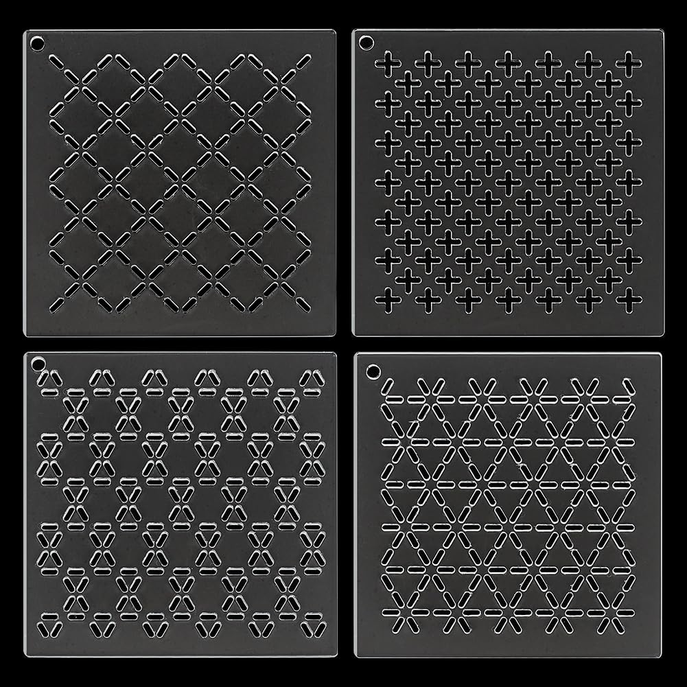 BENECREAT 4Pcs Acrylic Sashiko Stencil, 12x12cm Cross Acrylic Embroidery Tool Drawing Line Template for Hand Quilting and Embroidery, 2.5mm Thick