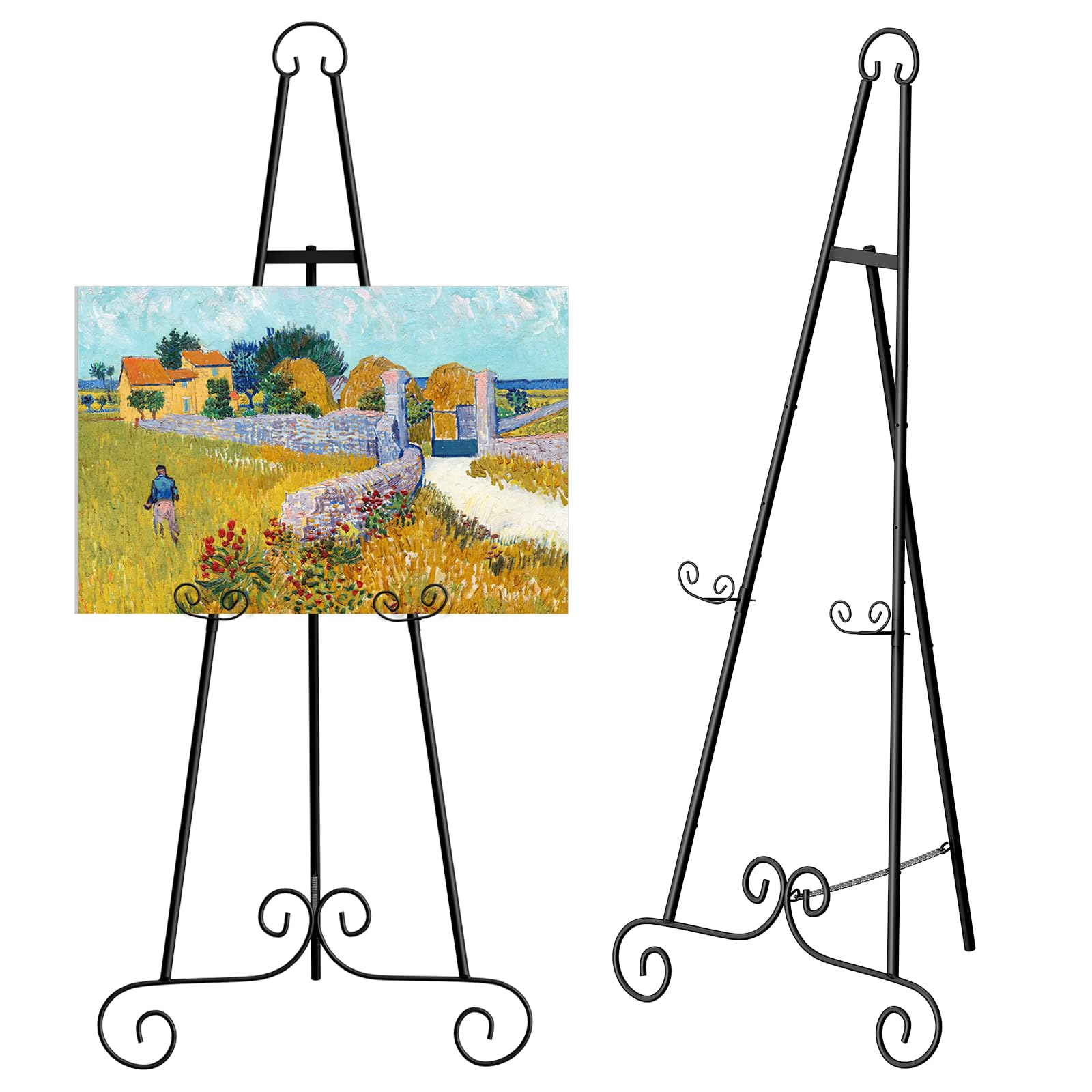 Photo 1 of 46" H Metal Round Tube Scroll Display Easel, Classic Black Decorative Large Adjustable Floor Standing Easel with Chain Support, Perfect for Showcasing Pictures, Artwork, Picture Frame Wedding Sign Etc