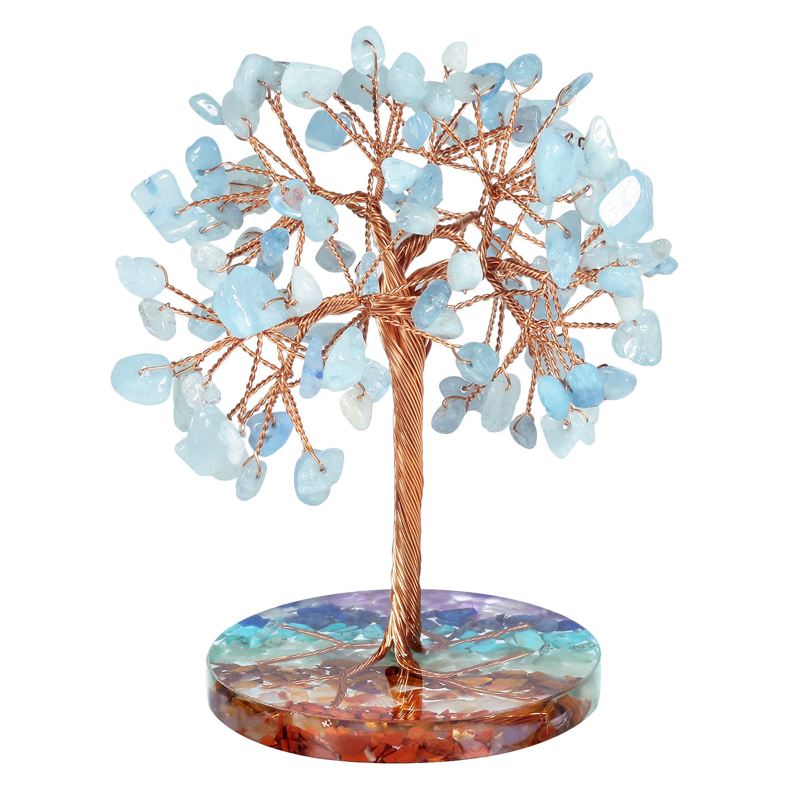 Nupuyai Aquamarine Crystal Money Tree with 7 Chakra Base, Energy Healing Good Luck Tree Figurines Fengshui Crystals Ornament for Home Office Decor