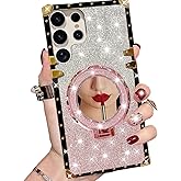 Changjia for Samsung Galaxy S25 Ultra Magnetic Kickstand Glitter Case,[Compatible with MagSafe] Bling Sparkly with Ring Stand& Makeup Mirror Shockproof Women Girls Phone Case for Galaxy S25 Ultra,Pink