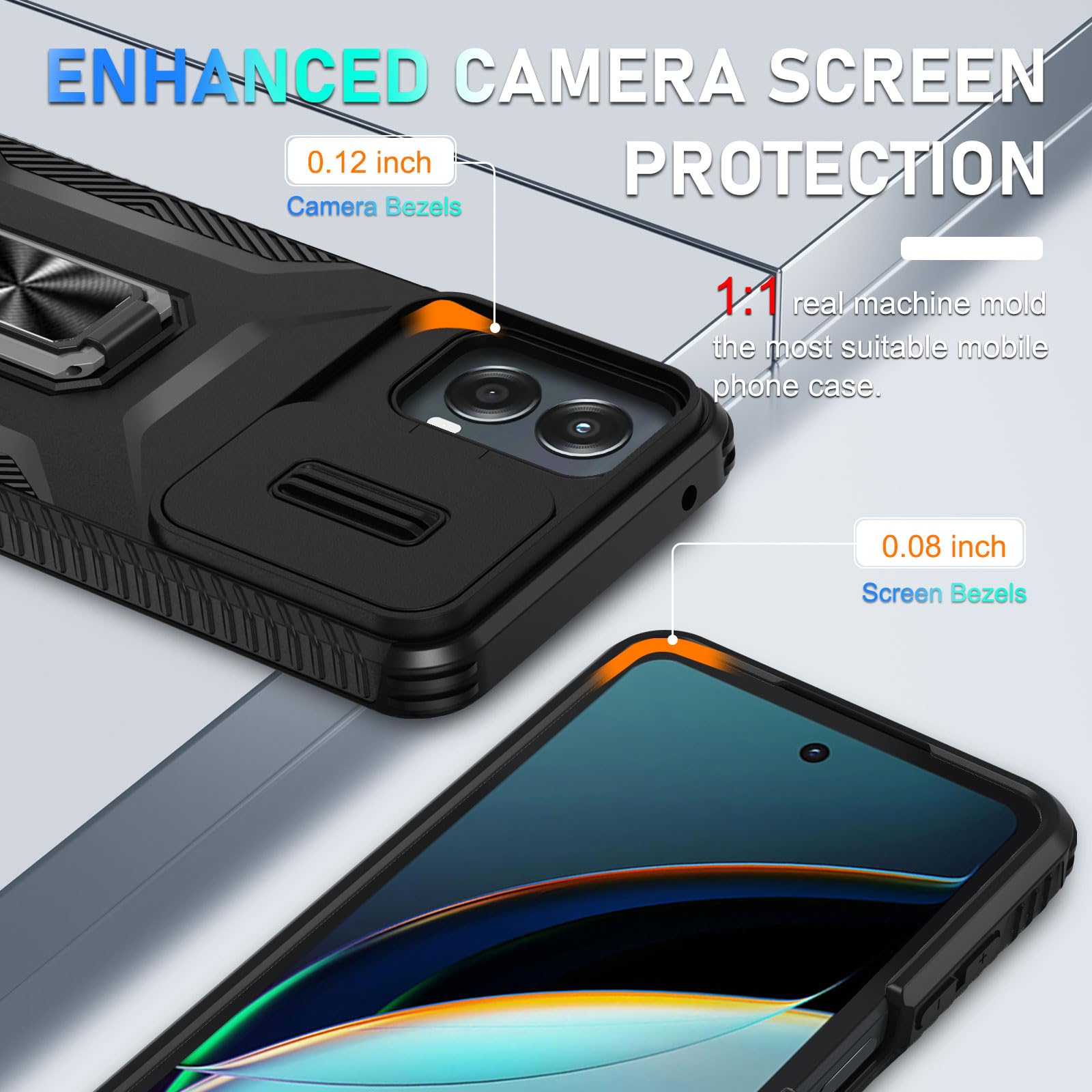 for Motorola Moto G 5G 2024 Case with Tempered Glass Screen Protector and Camera Lens Cover, Ring Stable Kickstand,Heavy Duty Shockproof Protective Phone Cover-Black