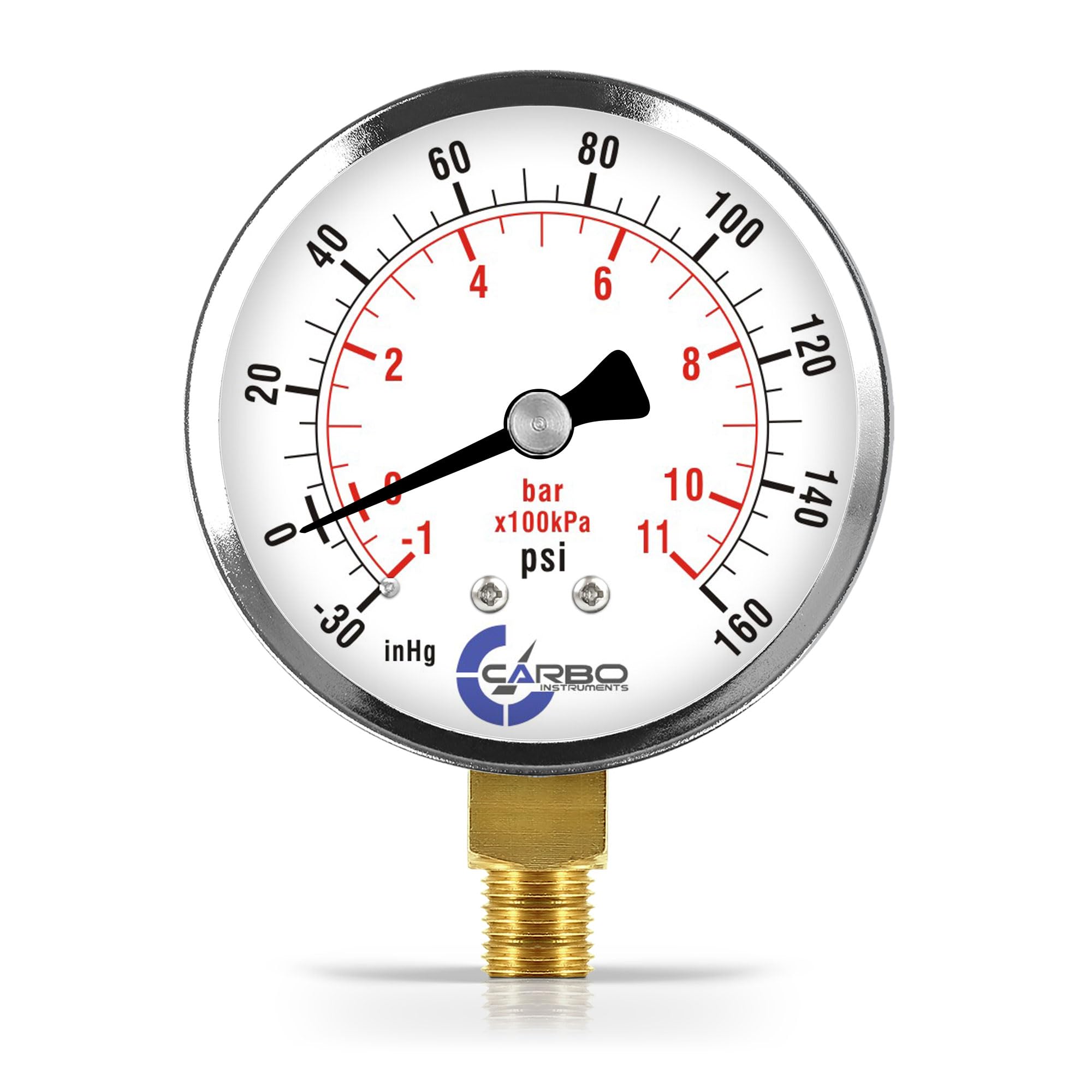 CARBO Instruments 2-1/2" Pressure Gauge, Chrome Plated Steel Case, Dry, Compound Vacuum -30 Hg - 0-160 psi Lower Mount 1/4" NPT
