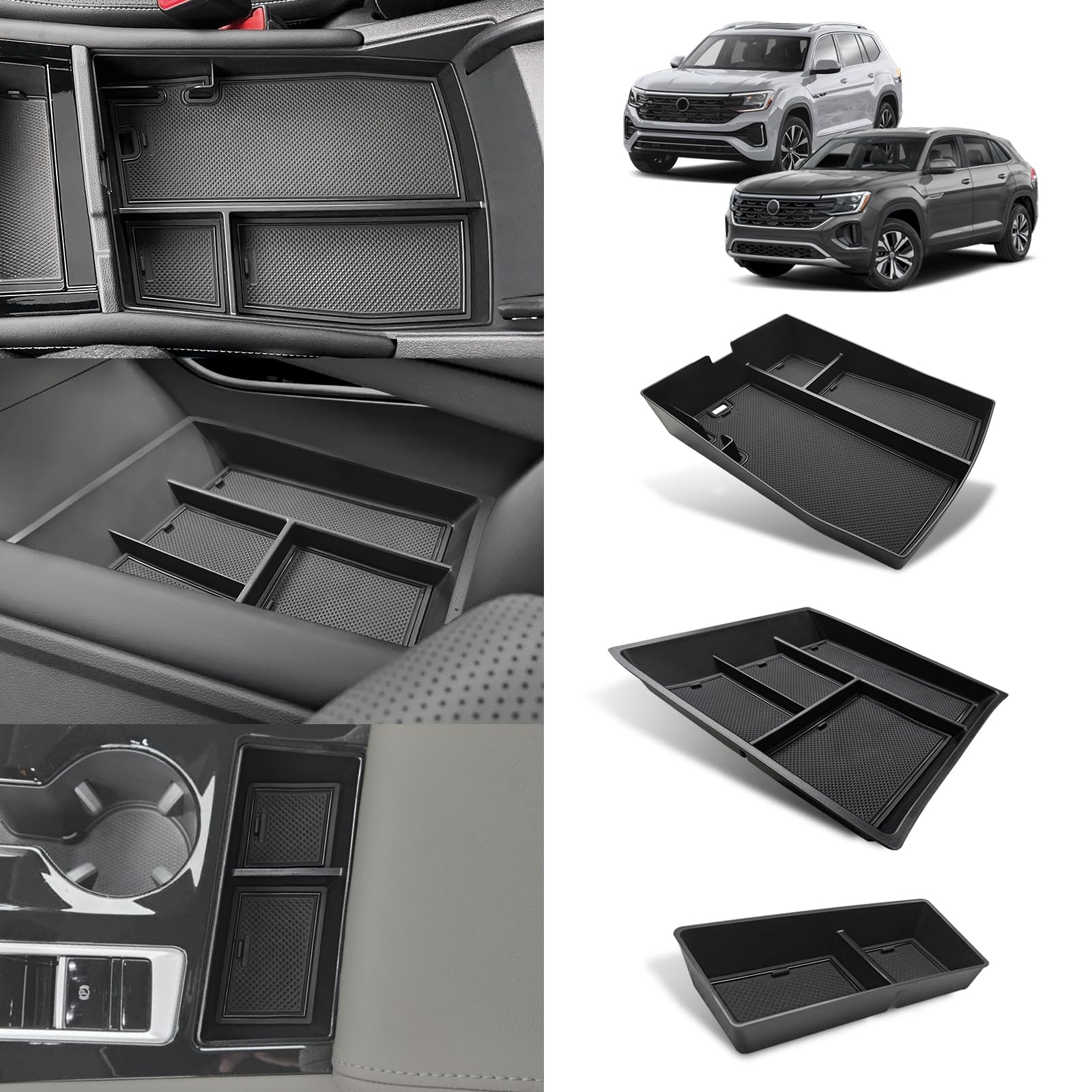 Photo 1 of Muslogy Center Console Organizers Compatible with Volkswagen Atlas & Cross Sport 2024 2025 Accessories Middle Storage Box and Lower Center Console Tray and Armrest Front Tray 3PCS