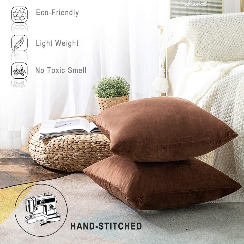 NANPIPER Set of 2 Velvet Soft Decorative Cushion Throw Pillow Covers 20x20 Inch/50x50 cm Cozy Solid Velvet Square Pillowcase CushionCovers Brown for Couch and Bed: Home & Kitchen