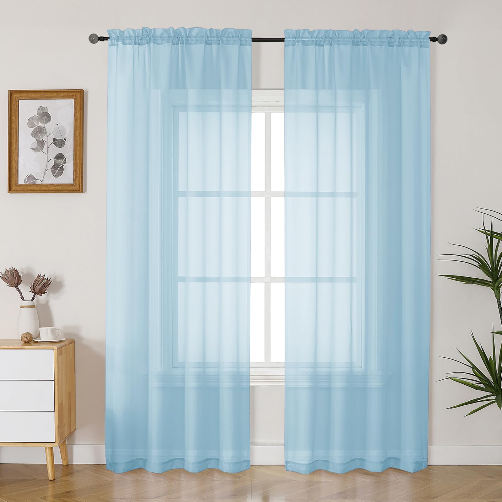 Photo 1 of Gwine Sky Blue Sheer Curtains 84 Inches Long 2 Panels Set for Living Room, Rod Pocket Voile Lightweight Bedroom Curtains, Light Filtering Solid Window Sheer Panels, Each 42" Wx84 L