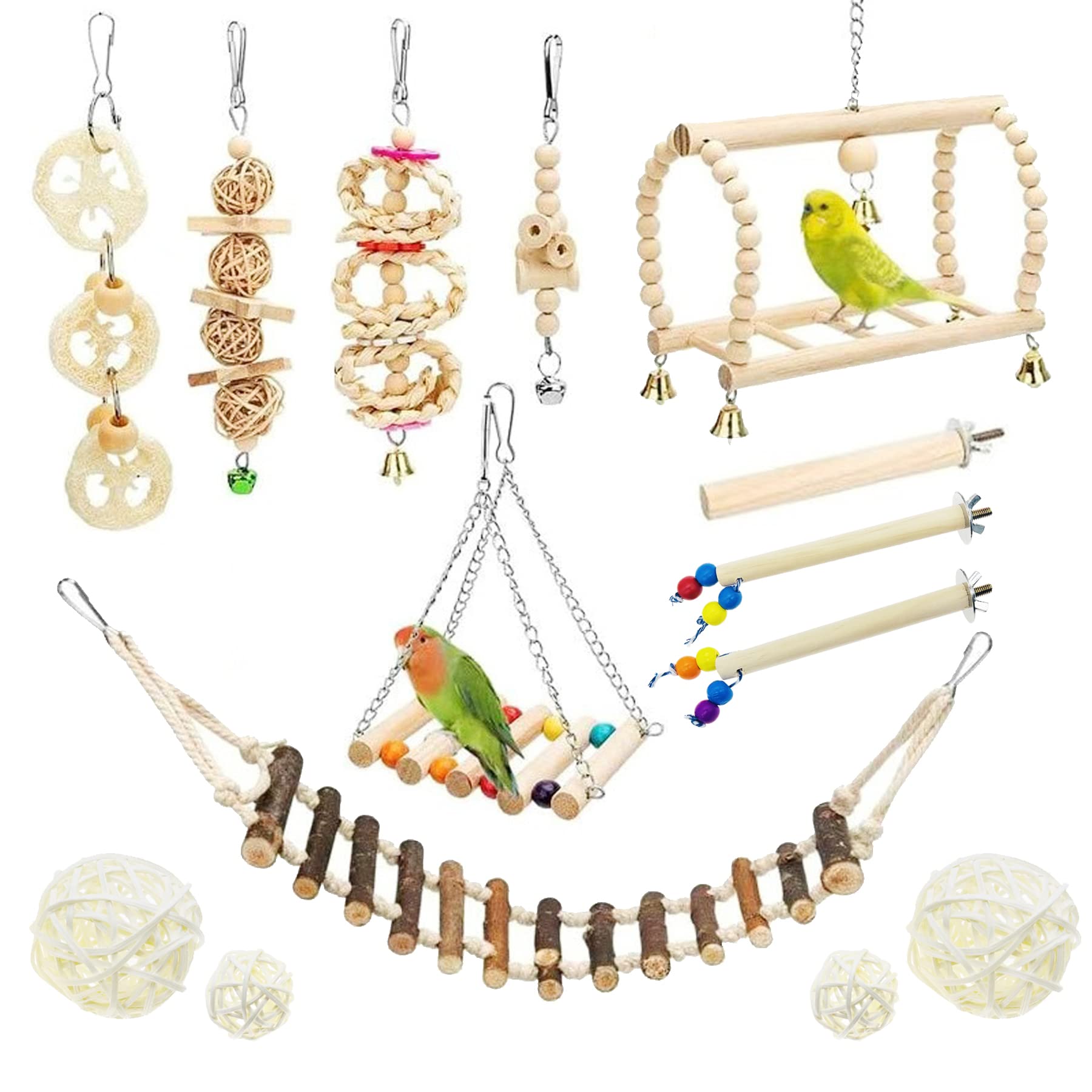 Allazone Bird Toys, 14 PCS Chew Toys for Birds, Hanging Toy for Parrot, Wood Feet Perches Birds Toys Parrots for Parrots, Small Aras