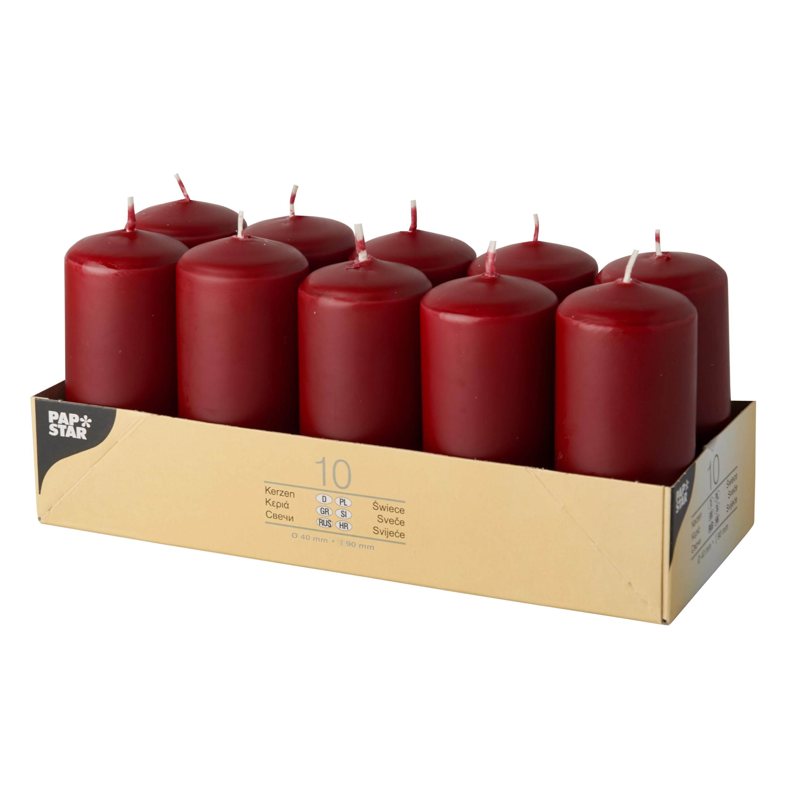 Papstar 10 Pillar Candles, Diameter 40 mm Height, 90 mm, Burgundy, 17914