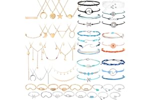 Batiyeer 60 Pcs Surfer Wave Friendship Bracelet Layered Choker Pendant Necklace Adjustable Multilayer Chain Bracelet Anklets Knuckle Rings for Women Xmas Gifts(Cute)