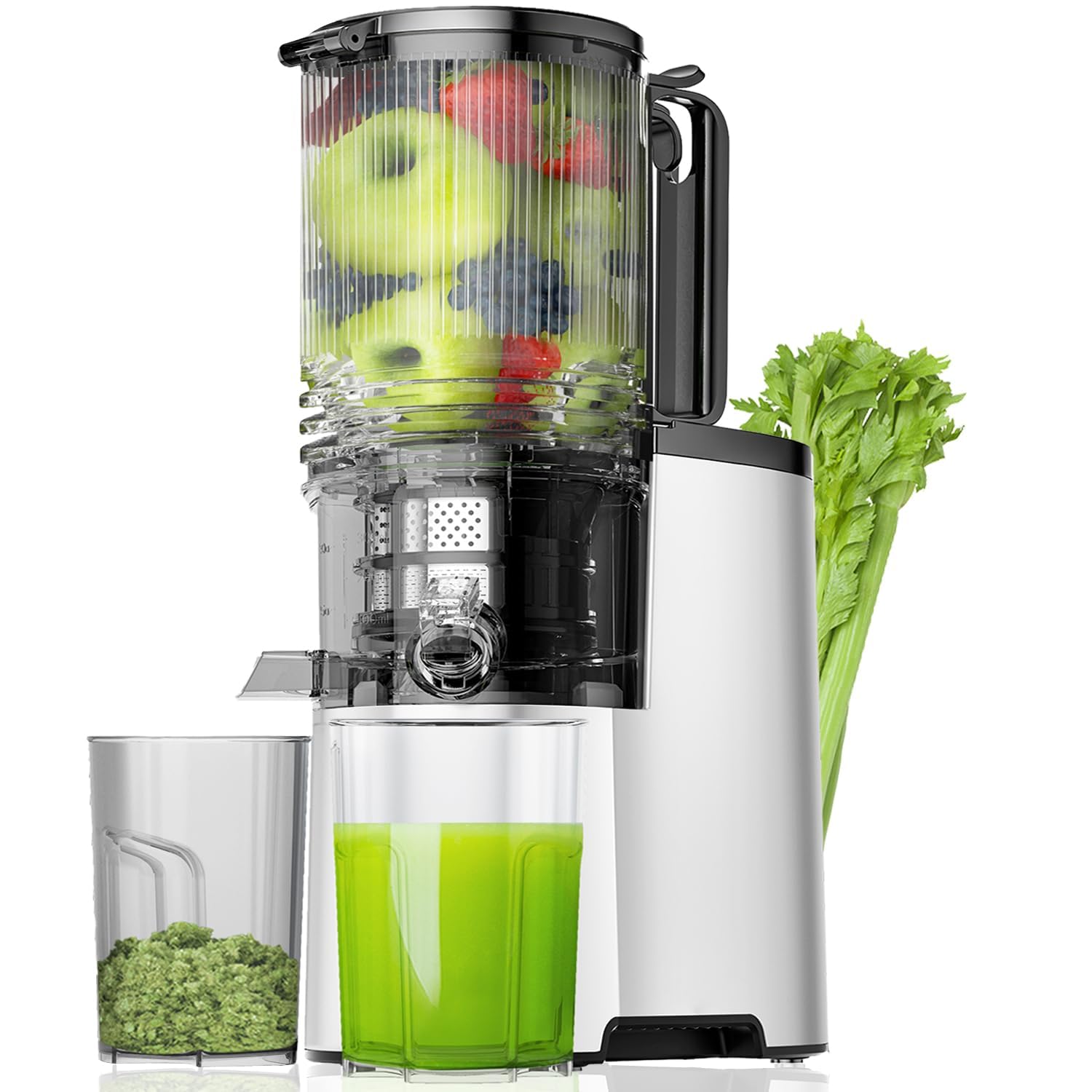Photo 1 of EanOruus Cold Press Juicer, 5.8" Wide Feed Chute Juice Extractor Machine with 400W, High Juice Yield, Slow Masticating Juicer for Whole Vegetables & Fruits, Silver