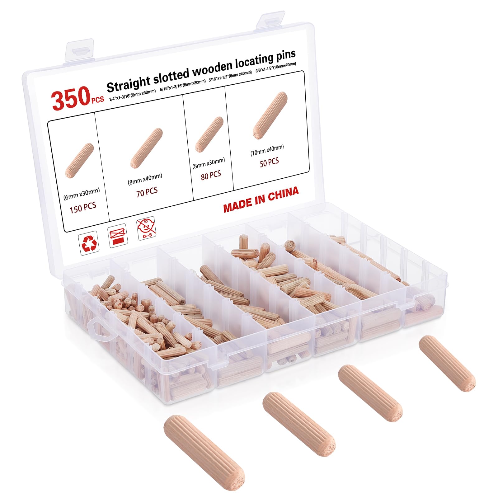 Kinsinder 350Pcs Wooden Dowels Pins Assorted Wooden Dowels Hard Wood Grooved Plugs for Furniture Door and Art Projects (6x30mm/8x30mm/8x40mm/10x40mm)