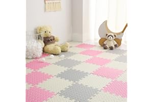 Tamiplay Foam Play Mat for Baby, 0.4 Inch Thick Foam Interlocking Floor Mats, Soft Non-Toxic Baby Playmat, Solid Colored Puzzle Play Mat Kids Floor Mats for Toddler, 16 Tiles(White/Light Gray/Pink)