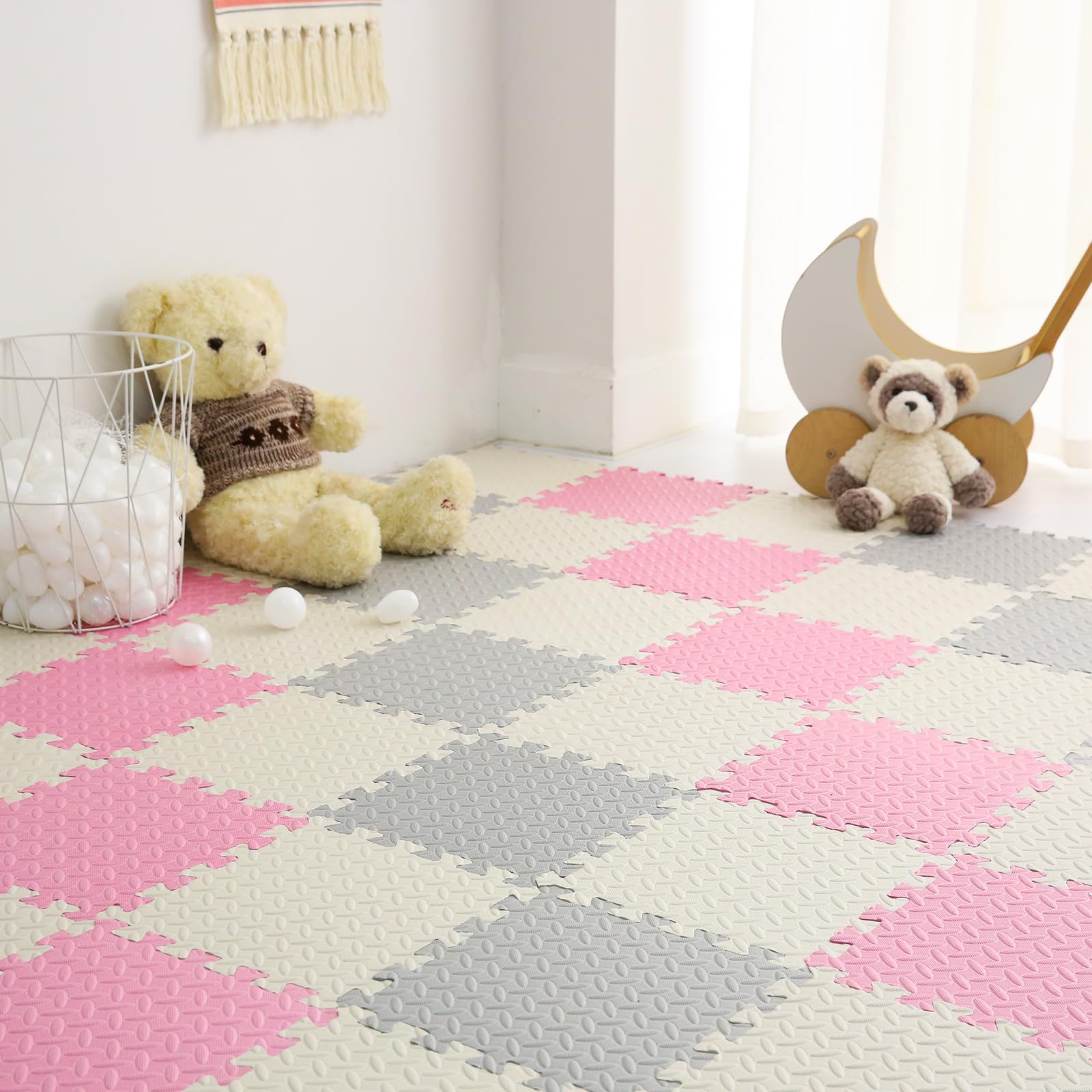Photo 1 of Tamiplay Foam Play Mat for Baby, 0.4 Inch Thick Foam Interlocking Floor Mats, Soft Non-Toxic Baby Playmat, Solid Colored Puzzle Play Mat Kids Floor Mats for Toddler, 16 Tiles(White/Light Gray/Pink)