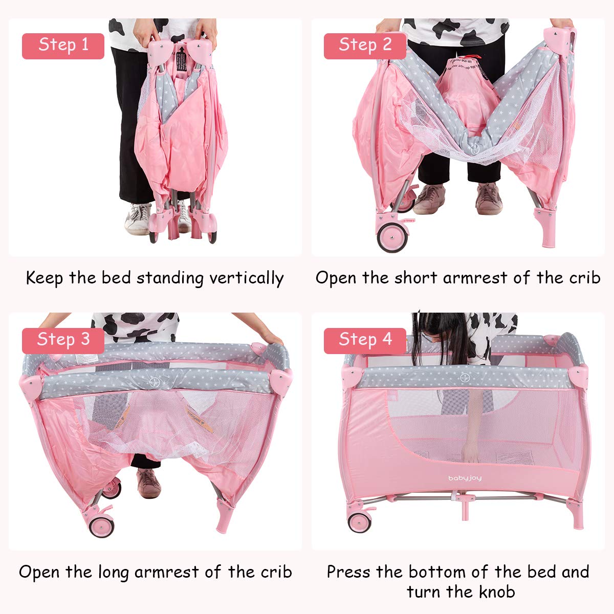 BABY JOY 3 in 1 Pack and Play, Foldable Baby Travel Crib with Bassinet, Changing Table, Brake Wheel, Convertible, Newborn Napper with Storage Shelf, Oxford Carry Bag, Portable Baby Playard