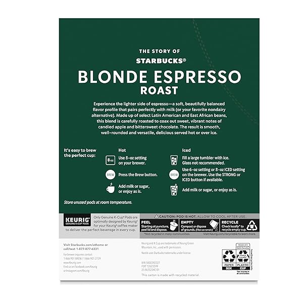 STARBUCKS K-CUP COFFEE PODS, STARBUCKS BLONDE ESPRESSO ROAST HOT OR ICED COFFEE, 22 KEURIG PODS