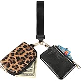 GELVTIC Mini Zip Around Wristlet Wallet for Women - Dual Pouch Keychain Coin Purse, Faux Leather Portable Small Purse with Detachable Strap, Cute Wristlet Wallet for Women (Black+Leopard)
