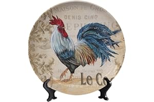 LIGUTARS Vintage Chicken Round Decorative Plate, 10 Inch, Rooster Paper Cut Dish with Stand Ceramic Ornament for Table Accessory Decor Bedroom Living Room Bathroom Decor