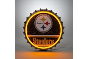 FOCO Pittsburgh Steelers LED Metal Bottlecap Wall Sign, Distressed Lighted Decor, 13.5 Inches