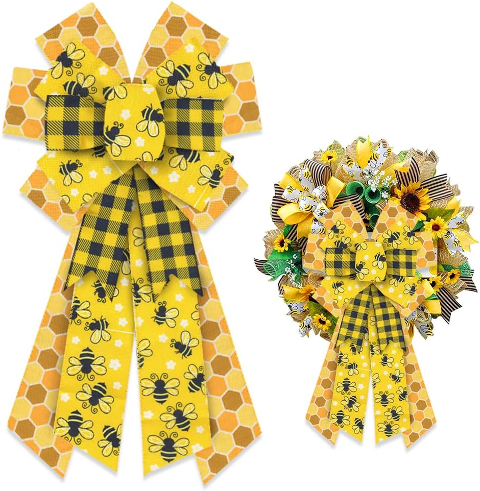 Bows & Ribbons - ALIBBON Large Bumble Bee Bows for Wreaths, Fall Bumble Bee Wreath Bows, Honeycomb Bows for Crafts, Bee Day Decor, Black Yellow Buffalo Plaid Burlap Bows for Wreath Indoor Outdoor Wall Window Decor