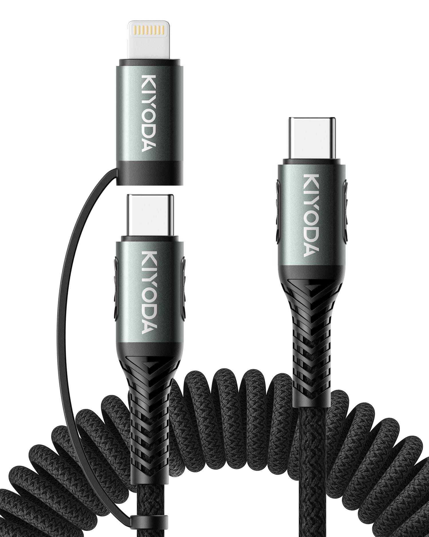 Photo 1 of Coiled USB C to Lightning Cable 3FT, 2 in 1 iPhone 15 Charger Cord for Car Nylon Braided Multi Type C to TypeC Fast Charging Cables for iPhone 17 16 15 14 13 12 11 iPad, Samsung Galaxy Sony - 1Pack