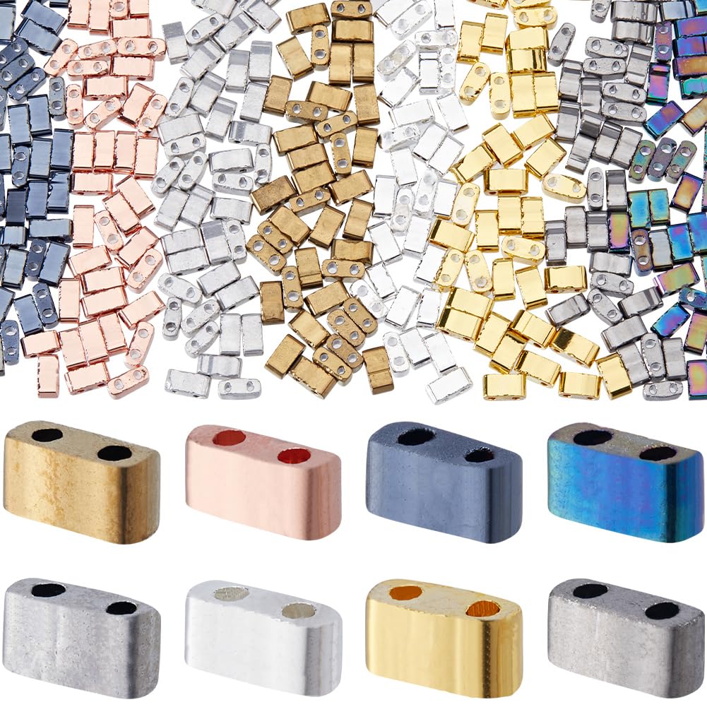 CREATCABIN 320Pcs 2 Hole Tila Beads Half Tila Beads 8 Colors Glass Seed Bulk Rectangle Mix Metallic Colour Mini Opaque Flat Loose Spacer for Craft Bracelet Necklace Earring Jewelry Making