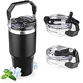 20oz Tumbler with Handle and Flip Straw Lid Double Wall Insulated Travel Coffee Mug Stainless Steel Vacuum Insulated Coffee Tumbler Cup for Hot and Cold Beverages,Leak-proof&BPA-free (20oz,Black)