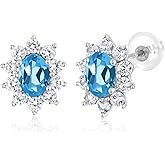Gem Stone King 10K White Gold Oval Gemstone Birthstone and White Created Sapphire Halo Stud Earrings | Oval 6X4MM | Gold Earrings for Women