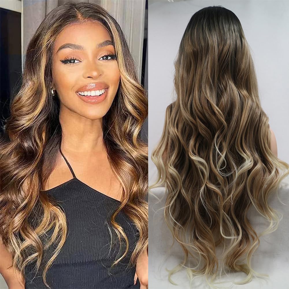 xiweiya Long Black to Brown Curly Lace Front Wig Long Wavy Brown Synthetic 13x3 Lace Front Wigs with Blonde Tips Natural Hailine Heat Resistant Fiber Hair Drag Queen Daily Wear for women 24inch โ image 1
