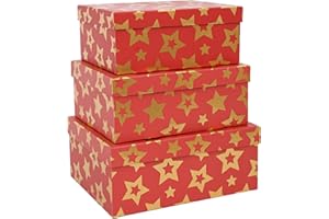 MIZFRUZZY 3-Piece Christmas Gifts Boxes with Lids for Presents, Red Gold Star, Presentation Wrapping, Cardboard Paper Box for Holiday Parties, Hostess Gifts, Decorative Christmas Box