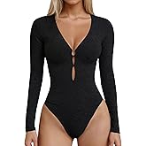 Curvphilo Women Deep V Neck Long Sleeve Bodysuit with Cutout Going Out Bodysuit Casual Stretchy Basic Bodysuit Tops