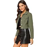 Allegra K Women's Button Down Denim Jacket Check Cuffs Casual Cropped Jean Jackets