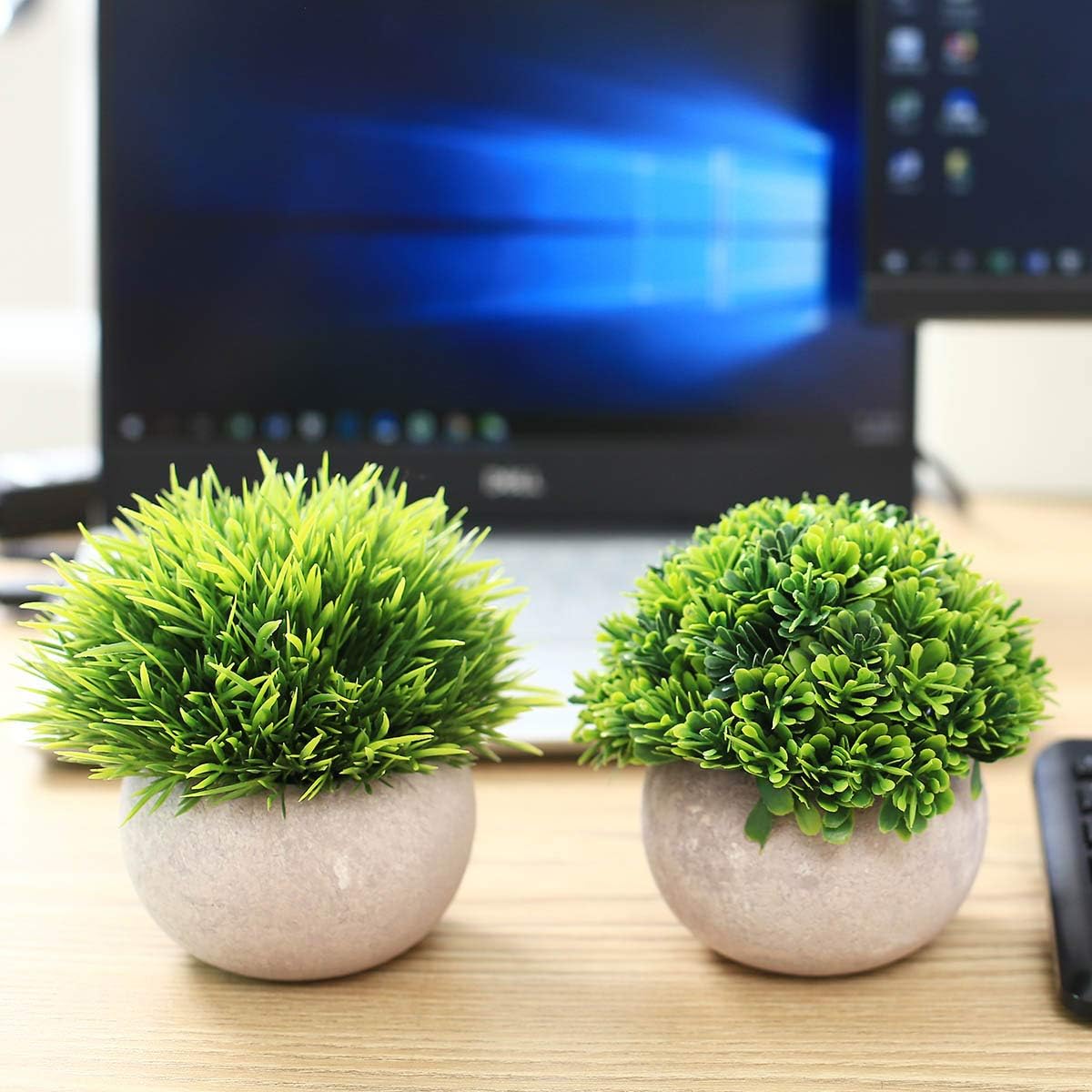 UltraOutlet 2 Pack Small Artificial Plants Centerpiece in Pot Fake Mini Decorative Potted Topiary Shrubs for Office, Home, Inddor, Room Decoration, Green -