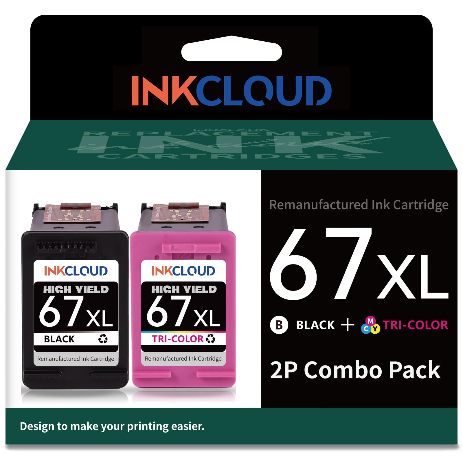 Photo 1 of Remanufactured Ink Cartridges Replacement for HP 67XL Printer Ink for 2700 2700e 2755 2755e 4100 4100e 4155 4155e 6000 6055 6055e 6400 6455e 6458e Printer (1 Black 1 Tri-Color, 2Pack)