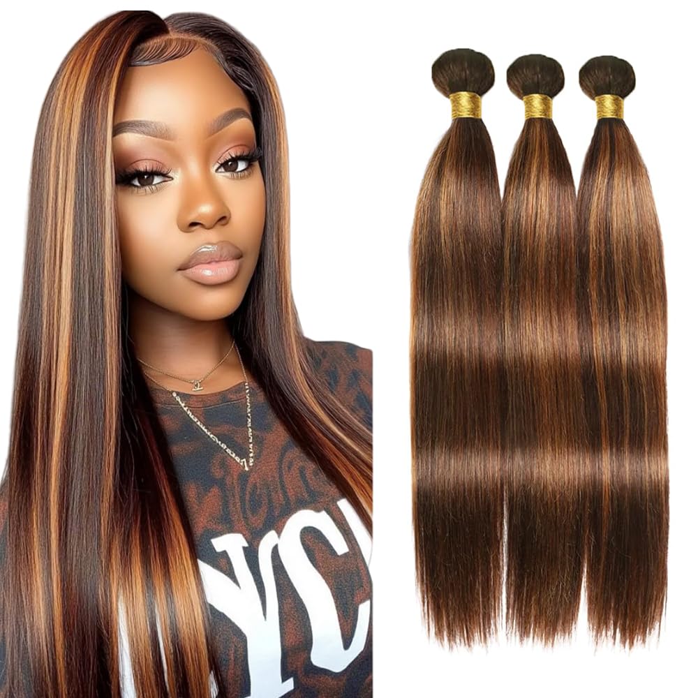 Jucames Human Hair Bundles Straight P4/30 Highlight Brown Color 20 22 24 Inch Double Weft Weave 3 Bundles Total 150g Unprocessed Human Hair Extension
