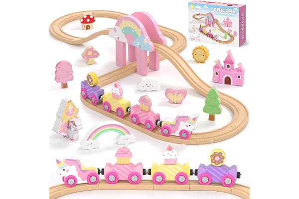 Wooden Train Set Toddler Toys - Unicorn Birthday Gifts for Girls Ages 2-4 | Wooden Track with Candy Train Pink Toy Birthday G