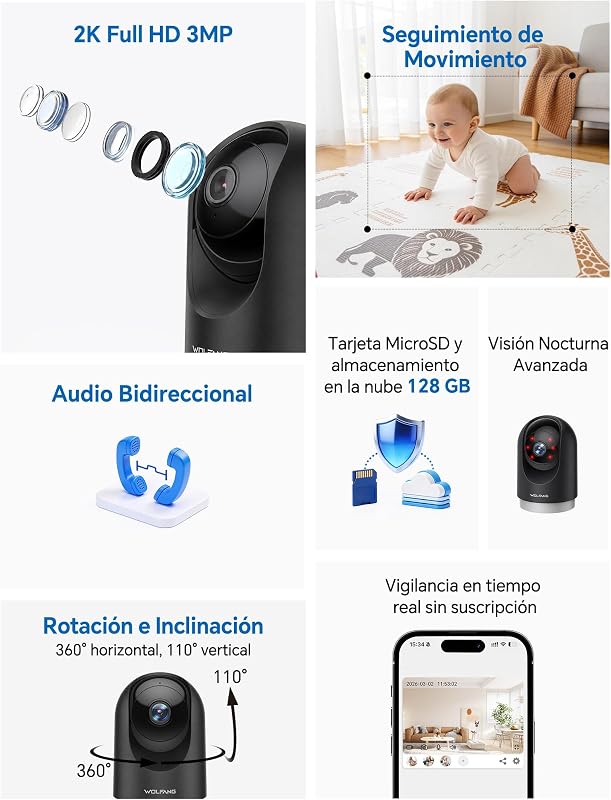 Câmara de vigilância interior 2K, WiFi doméstico 360° PTZ com rastreio, visão noturna e áudio bidirecional, câmara de vigilância para cães, compatível com Alexa, sem taxas