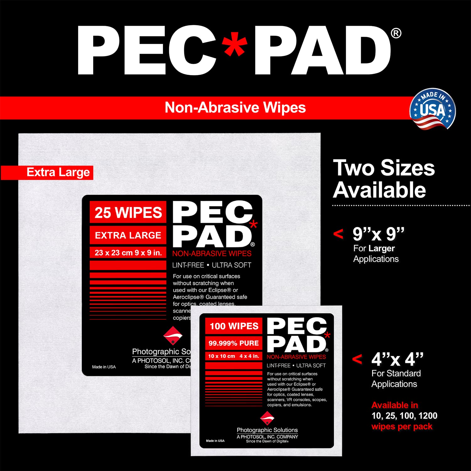 PEC-PAD Lint Free Wipes 4”x4” Non-Abrasive Ultra Soft Cloth for Cleaning Sensitive Surfaces Like Camera, Lens, Filters, Film, Scanners, Telescopes, Microscopes, Binoculars. (100 Sheets Per/Pkg)